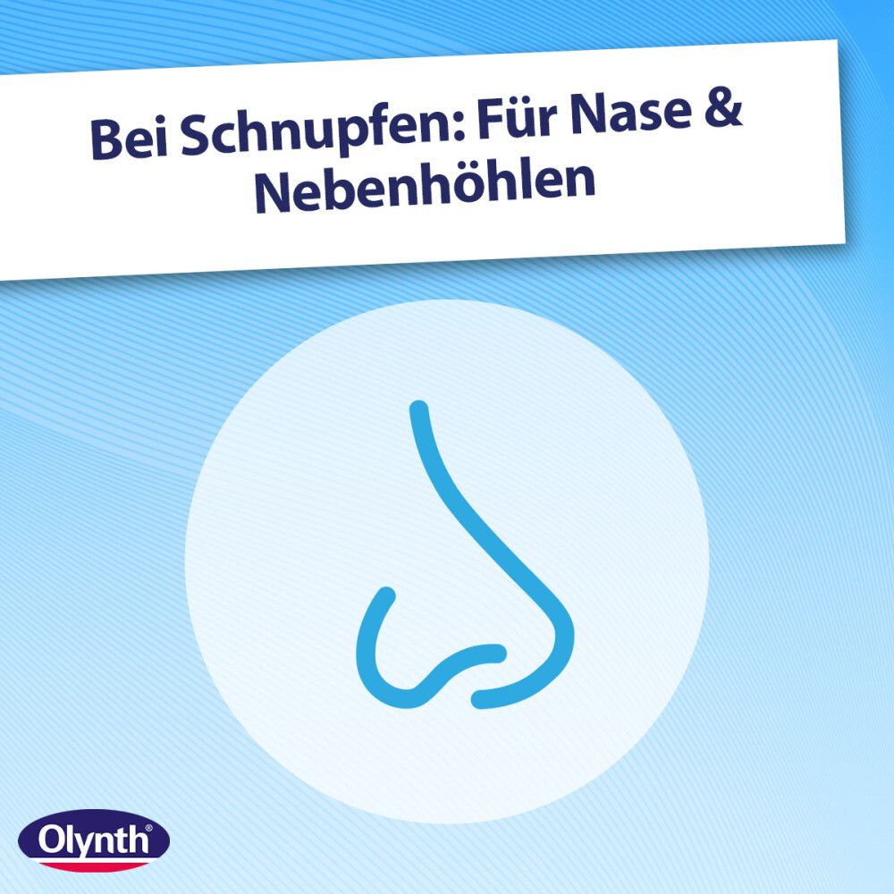 Olynth Logo. Text: Bei Schnupfen: Für Nase & Nebenhöhlen. Blaue Linie, Nasen-Symbol.