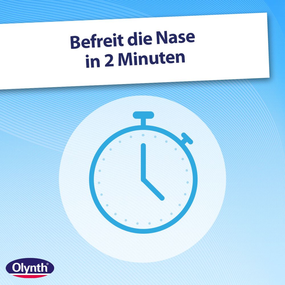 Olynth Logo. Text: Befreit die Nase in 2 Minuten. Stoppuhr-Symbol.