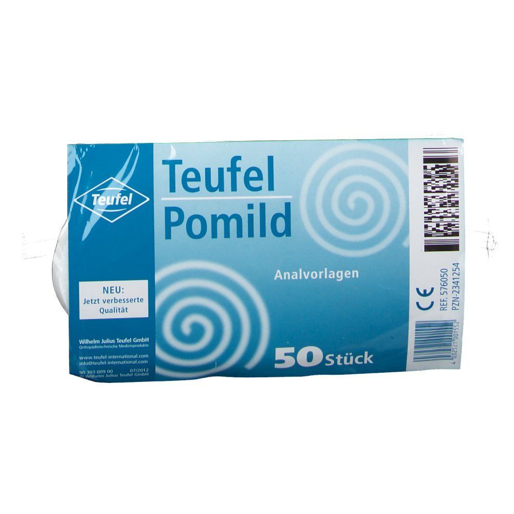 Verpackung mit "Teufel Pomild Analvorlagen". Blaue Verpackung mit 50 Stück. Text: "NEU: Jetzt verbesserte Qualität".