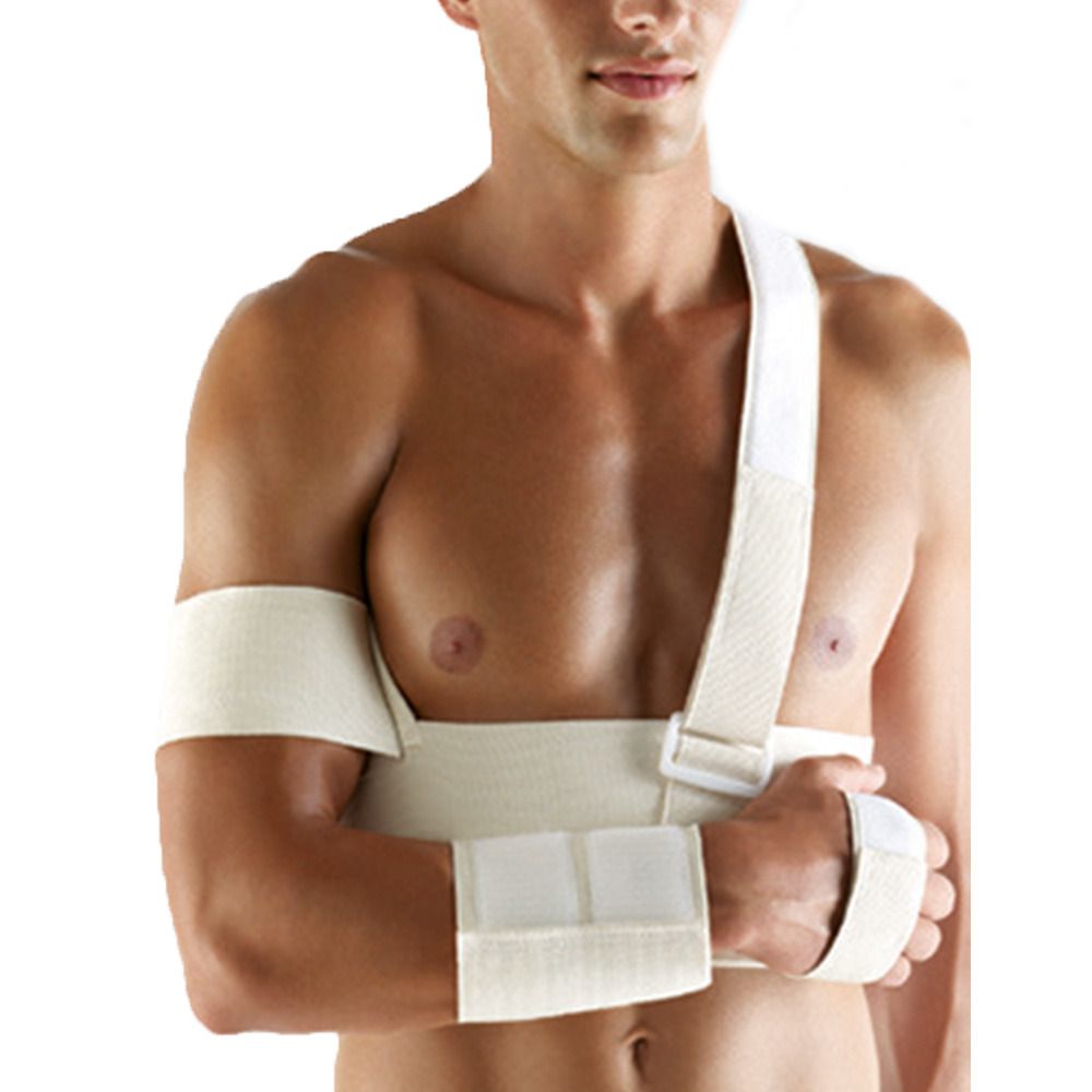 Schulterorthese Cellacare Gilchrist Easy Gr. 2, beige. Besteht aus Schultergurt, Armschlinge und Handgelenkbandage. Klettverschlüsse.