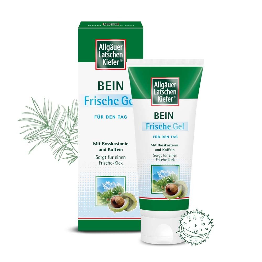 Produktverpackung und Tube. Aufschrift: BEIN Frische Gel. Mit Rosskastanie und Koffein. Produktabbildung.