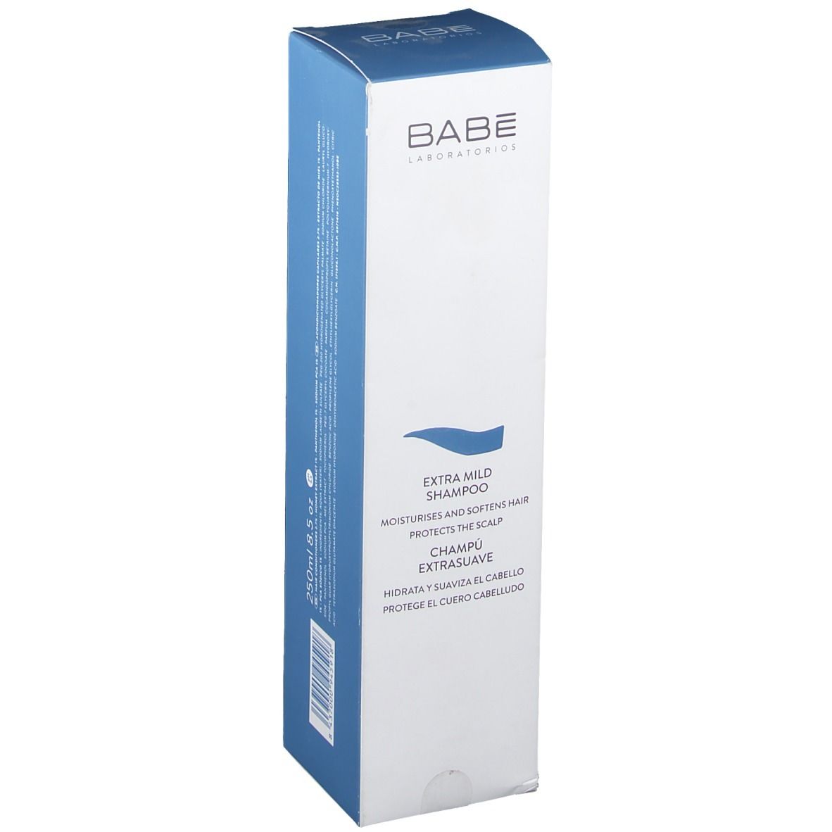 BABÉ Shampoo Extra mild Verpackung. Weiß-blaue Schachtel mit Produktinformationen und Logo. Text: Extra mild Shampoo, schützt die Kopfhaut.