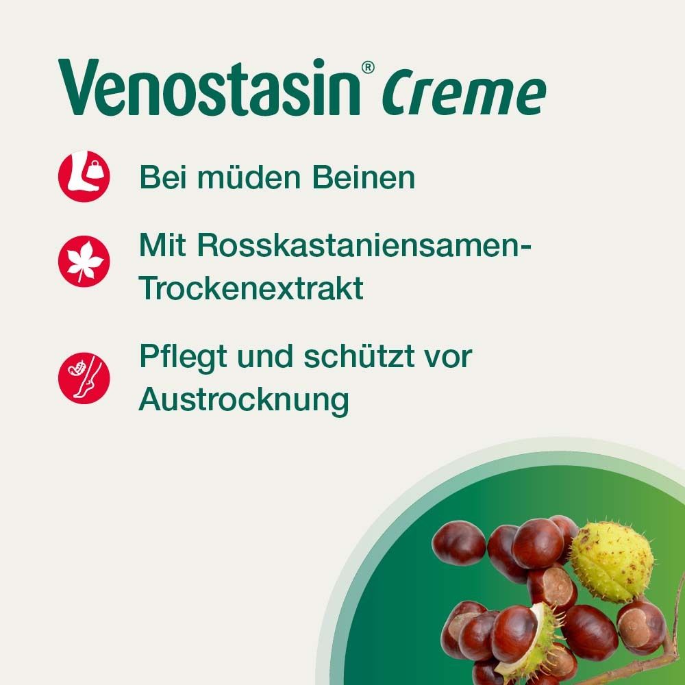 Text: Venostasin Creme. Bei müden Beinen. Mit Rosskastaniensamen-Trockenextrakt. Pflegt und schützt.