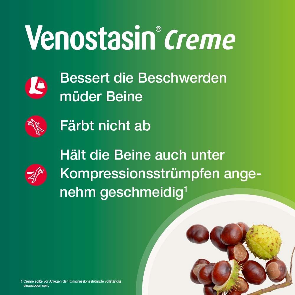 Text: Venostasin Creme. Lindert müde Beine. Färbt nicht ab. Geschmeidig unter Kompressionsstrümpfen.