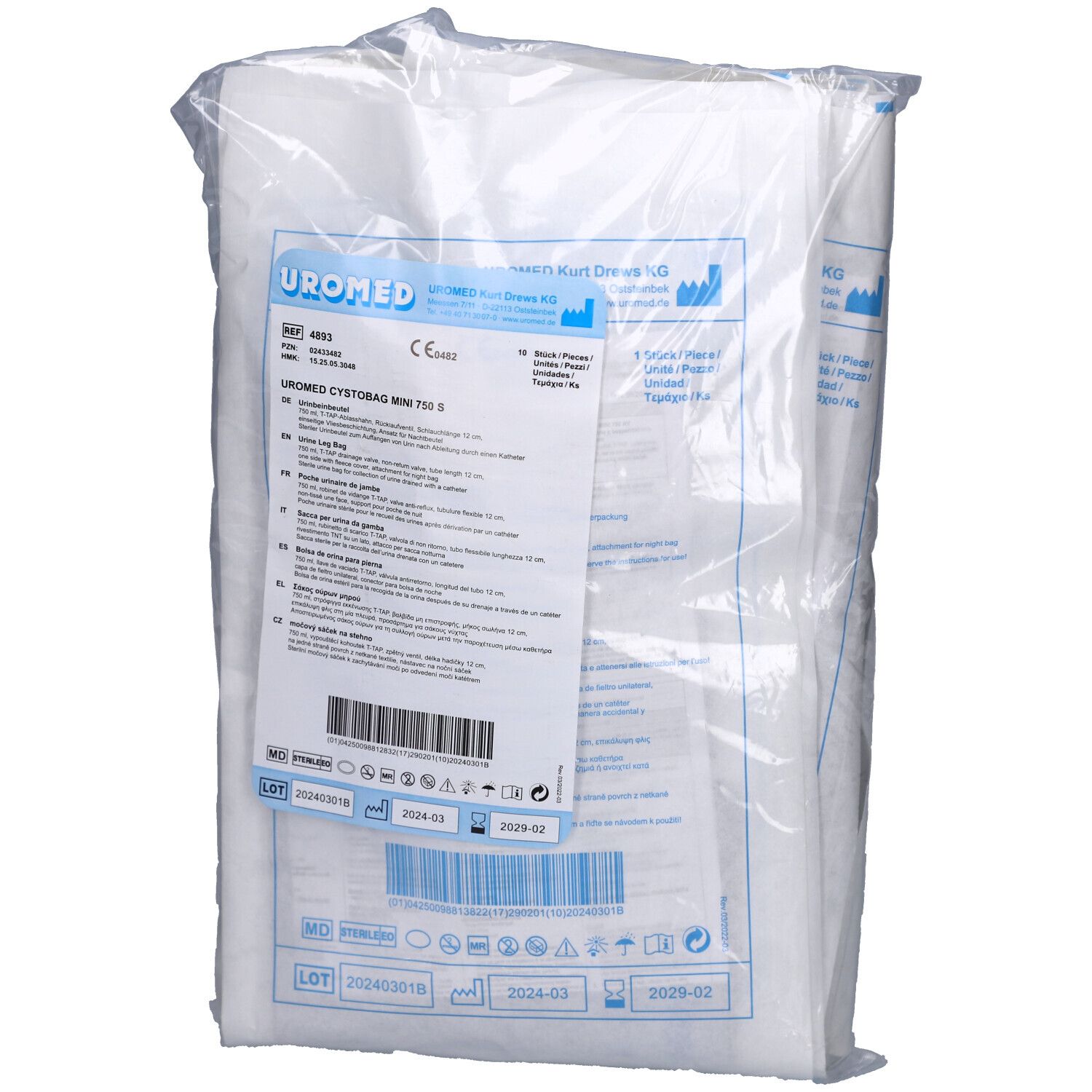 Verpackung mit Produktetikett. Etikett mit Produktname, Chargennummer und Haltbarkeitsdatum. UROMED CYSTOBAG MINI 750 S.