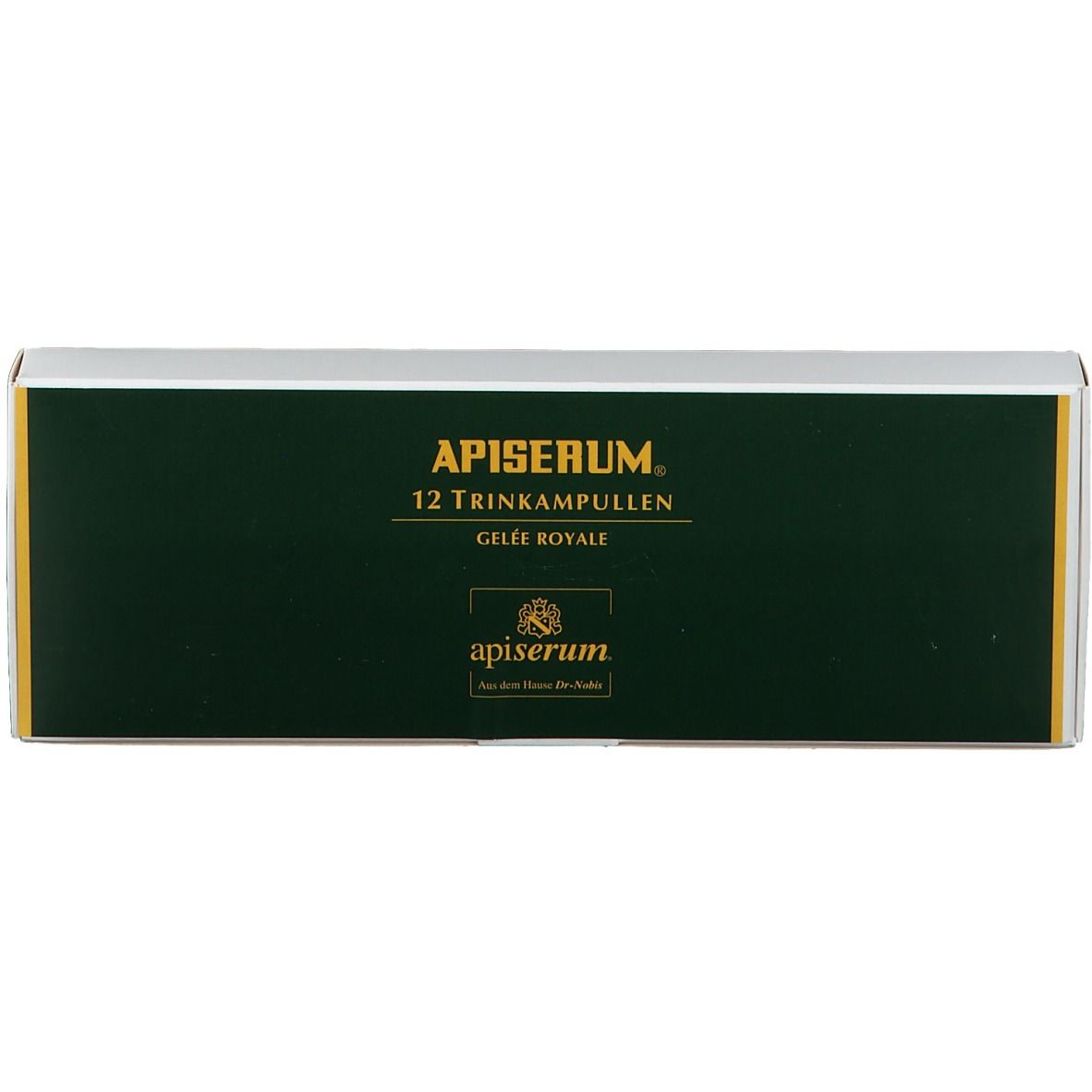 Schachtel mit APISERUM Trinkampullen. Dunkelgrüne Vorderseite mit goldfarbener Schrift. Enthält 12 Trinkampullen mit Gelée Royale.