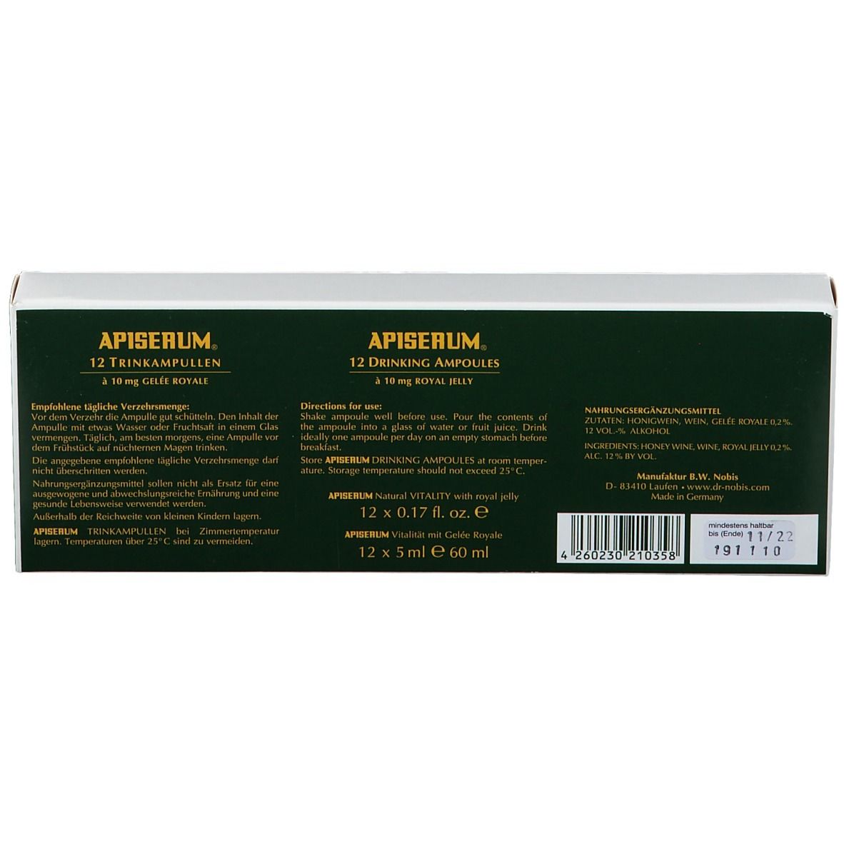 Rückseite der APISERUM Trinkampullen-Verpackung. Enthält Informationen zu Inhaltsstoffen, Anwendung und Nährwertangaben. 12 Ampullen.