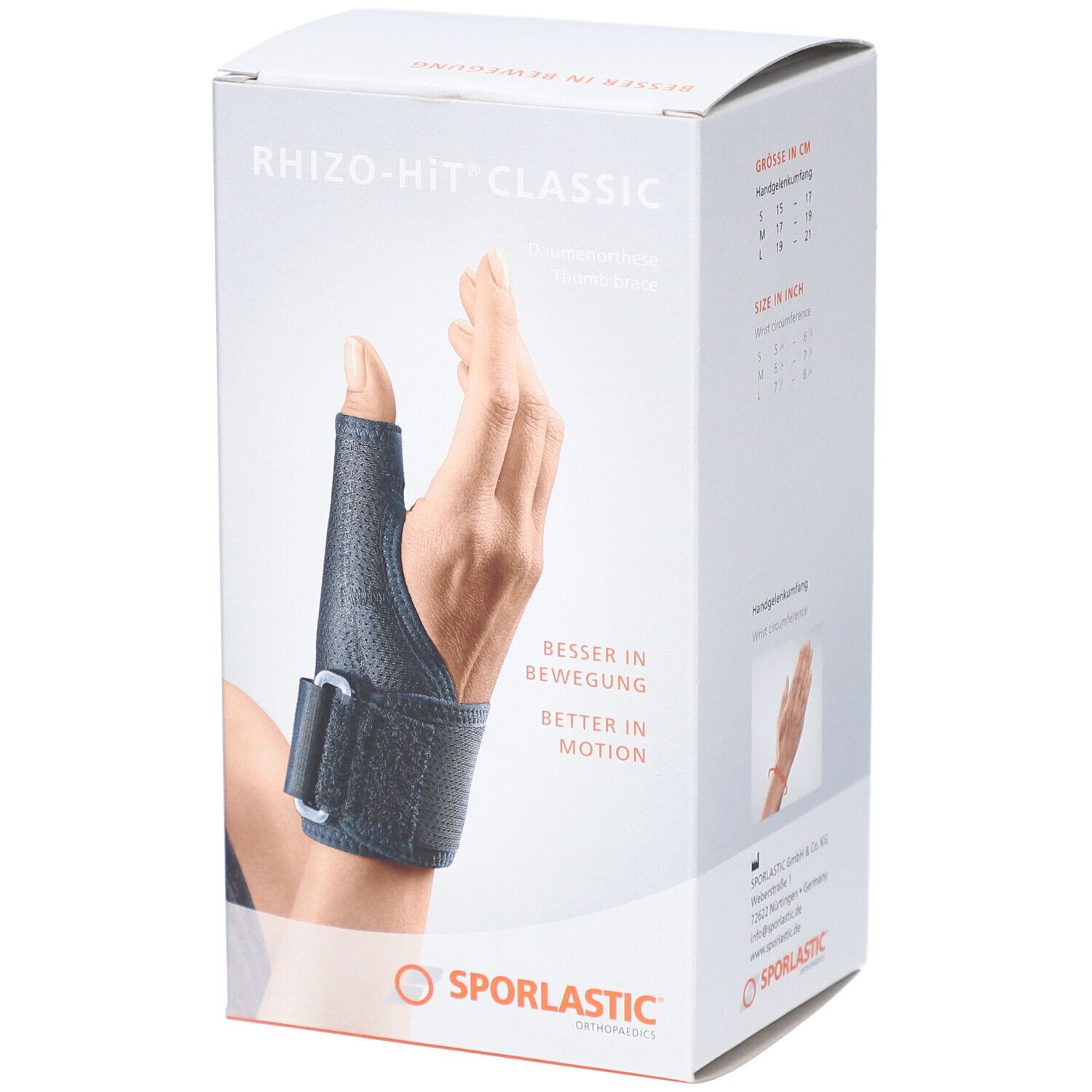 Verpackung der Rhizo-Hit Classic Daumenorthese. Schwarz, mit Hand-Abbildung. Sporlastic Logo.