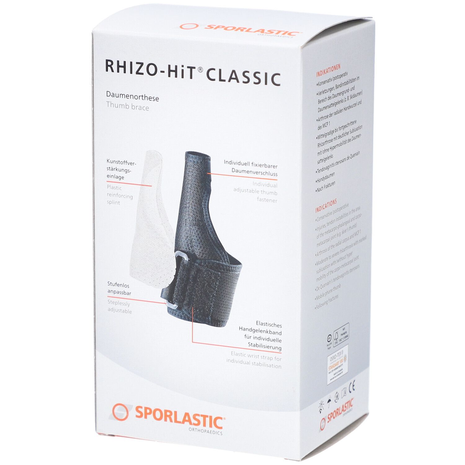 Verpackung der Rhizo-Hit Classic Daumenorthese. Produktabbildung und detaillierte Produktmerkmale. Sporlastic Logo.