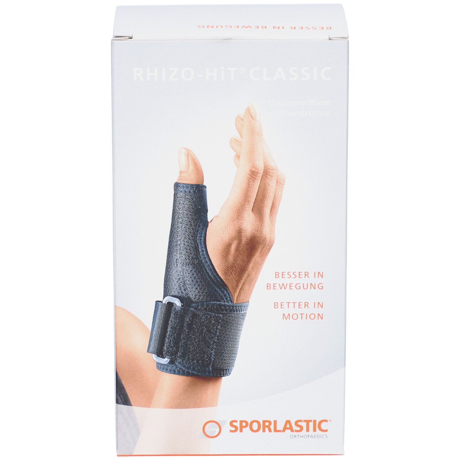 Rhizo-Hit Classic Daumenorthese auf Verpackung. Schwarz, mit Hand-Abbildung. Sporlastic Logo.