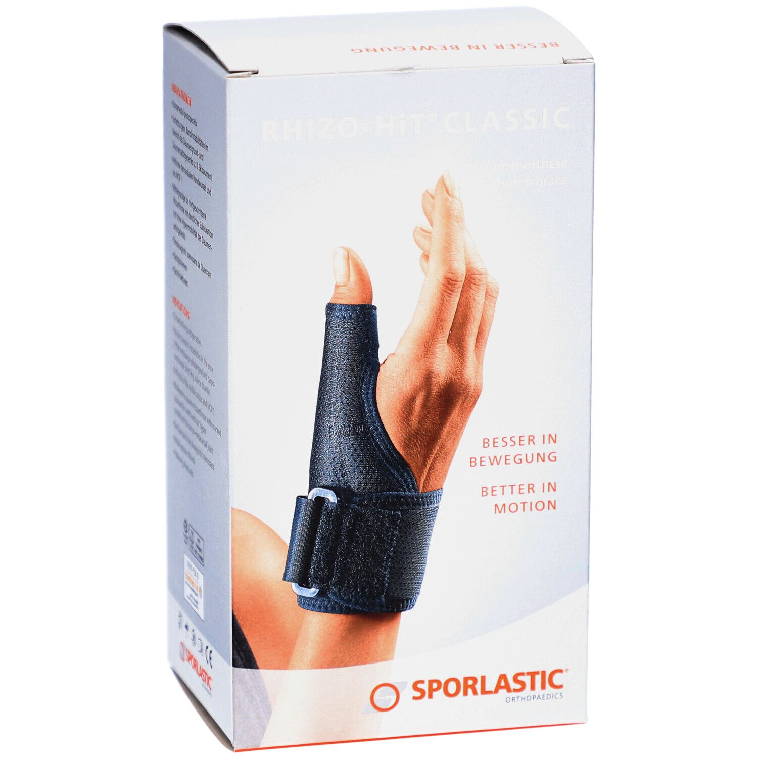 Rhizo-Hit Classic Daumenorthese auf Verpackung. Schwarz, mit Hand-Abbildung. Sporlastic Logo.