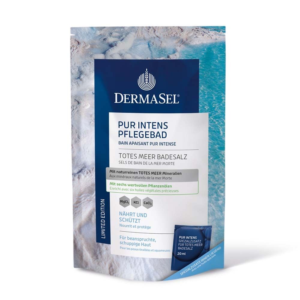 Beutel mit DermaSel® PUR INTENS PFLEGEBAD. Enthält Totes Meer Badesalz. Limited Edition. 20ml Probebeutel.