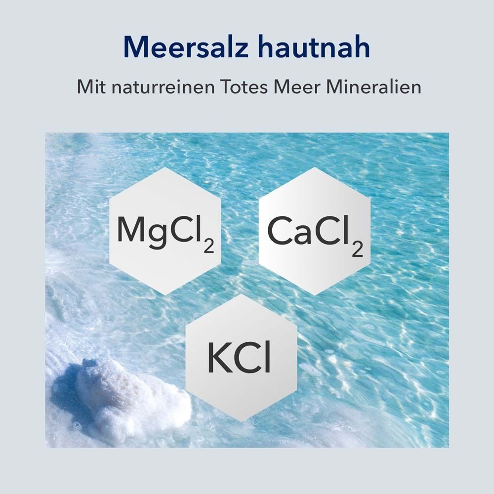 Grafik mit chemischen Formeln: MgCl2, CaCl2, KCl. Text: Meersalz hautnah. Mit naturreinen Totes Meer Mineralien.