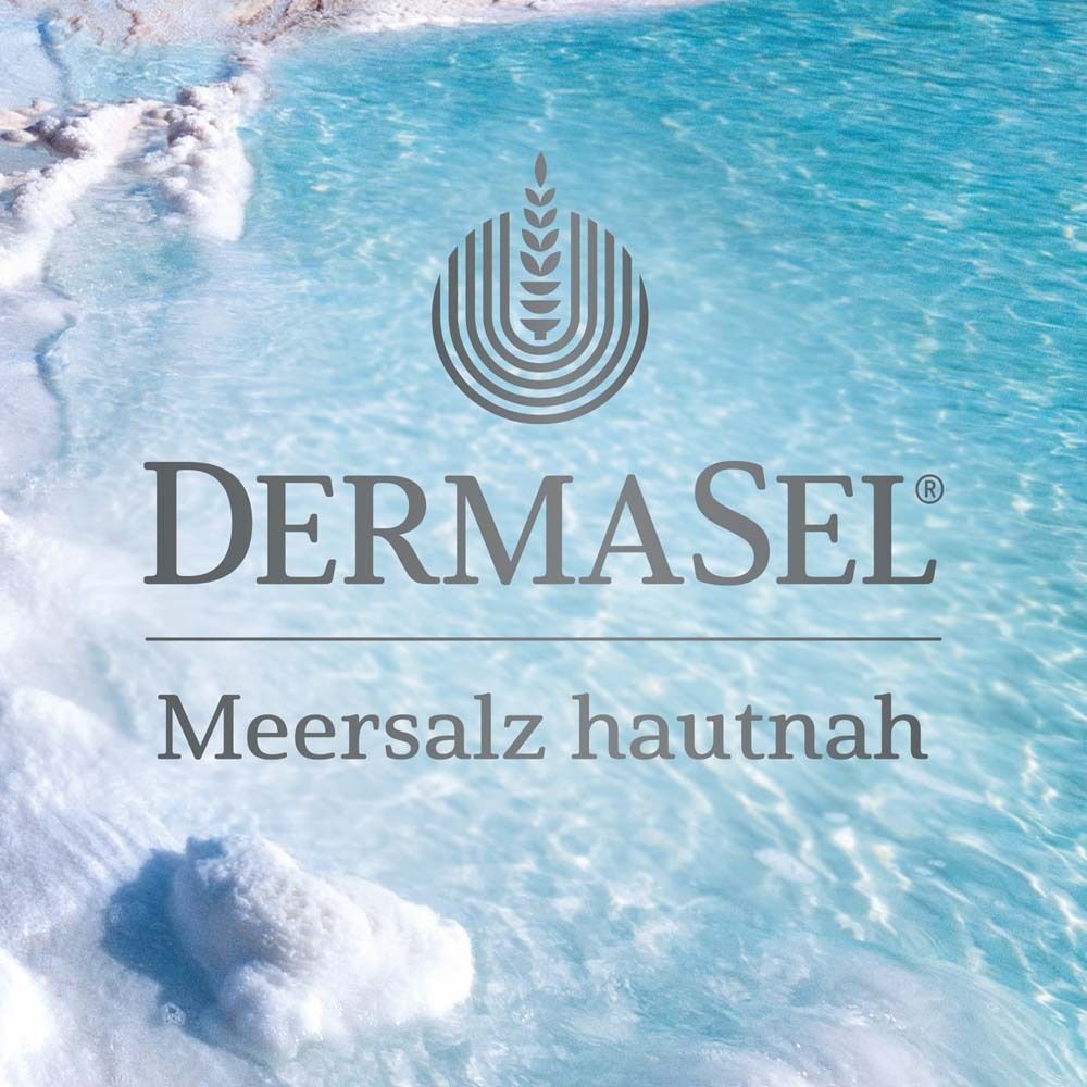 Logo DermaSel mit Meerwasserhintergrund. Text: Meersalz hautnah.