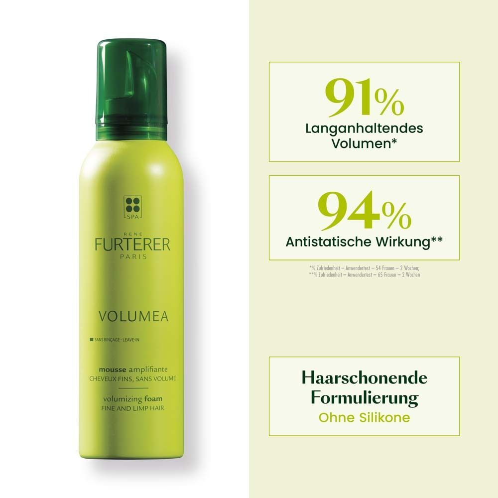 Grüne Flasche mit grünem Deckel. Text: 91% langanhaltendes Volumen, 94% antistatische Wirkung. Ohne Silikone.