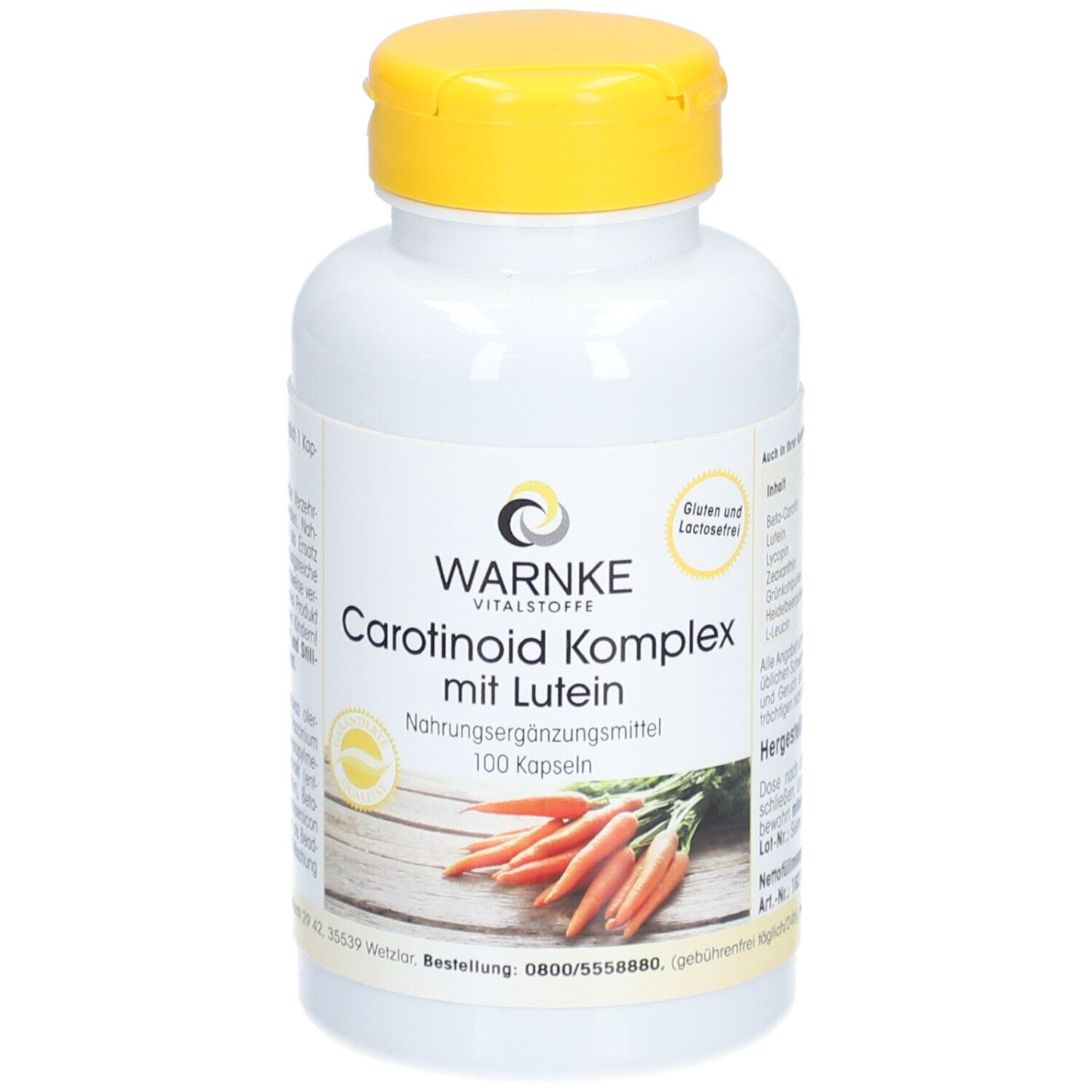 Weiße Flasche mit gelbem Deckel. Aufschrift: WARNKE Vitalstoffe, Carotinoid Komplex mit Lutein, 100 Kapseln. Abbildung von Karotten.