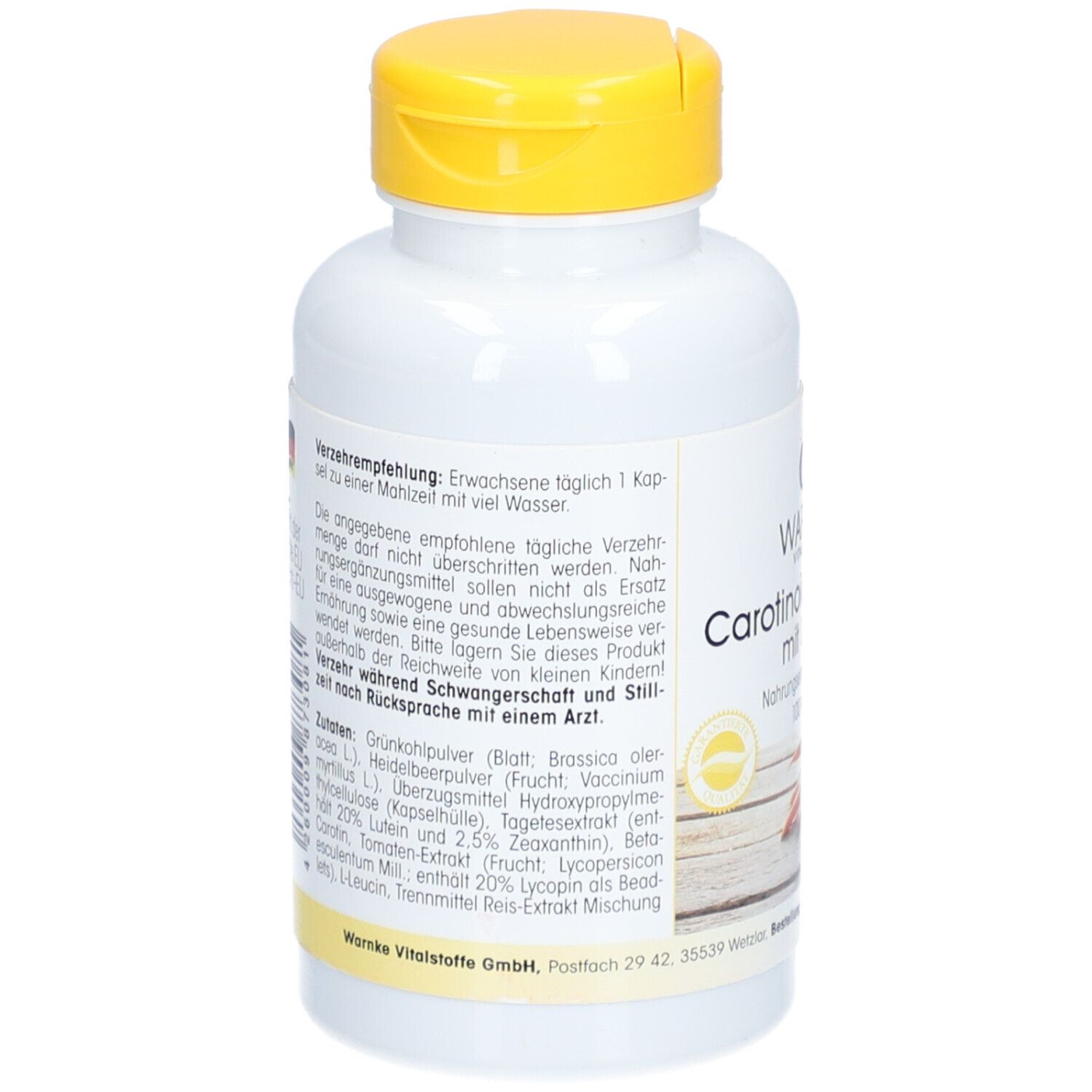 Rückseite der weißen Flasche mit gelbem Deckel. Text über Verzehrempfehlung und Inhaltsstoffe. Gluten- und laktosefrei.