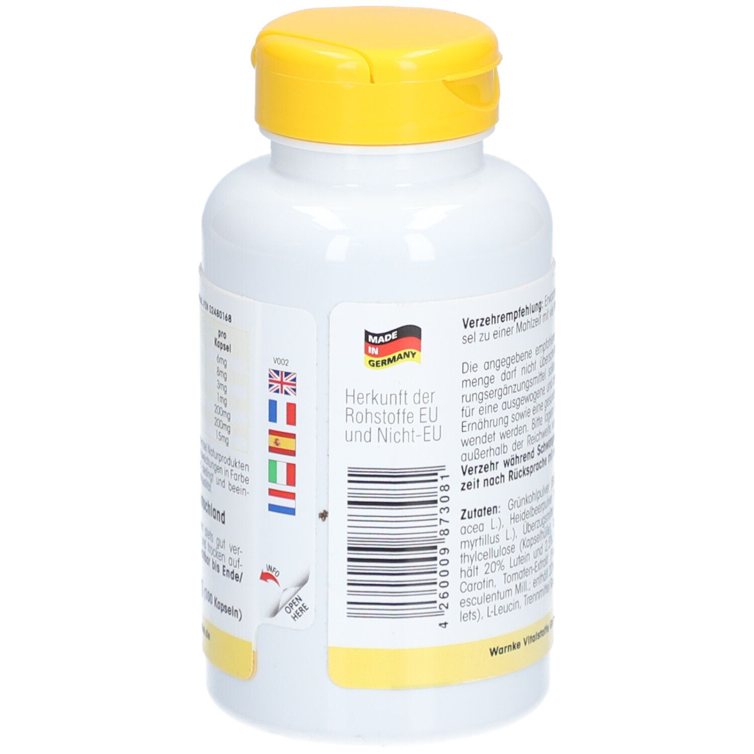 Rückseite der weißen Flasche mit gelbem Deckel. Text, Barcode und Flaggen. Hergestellt in Deutschland.