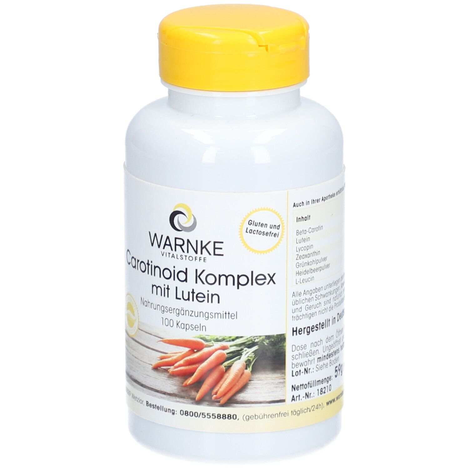 Weiße Flasche mit gelbem Deckel. Aufschrift: WARNKE Vitalstoffe, Carotinoid Komplex mit Lutein, 100 Kapseln. Gluten- und laktosefrei.