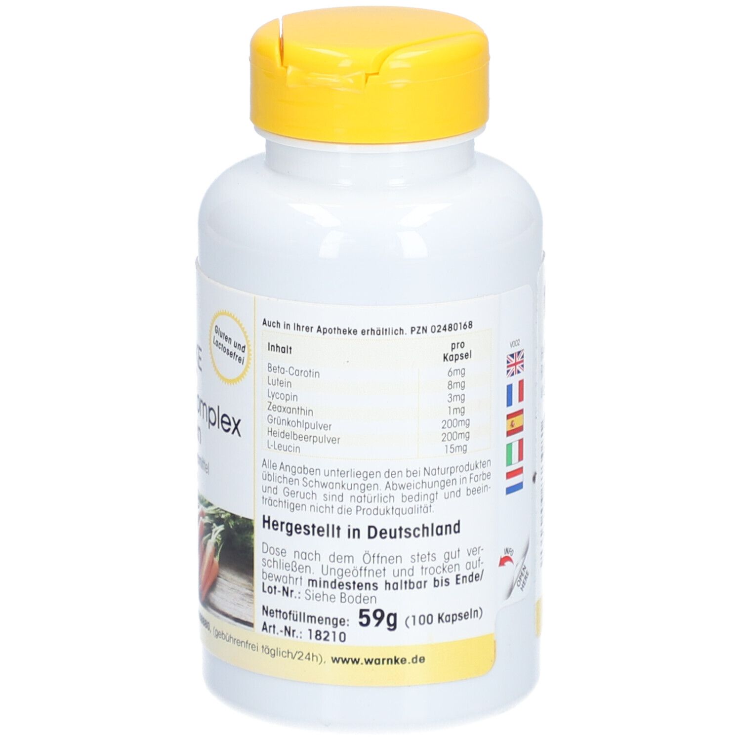 Rückseite der weißen Flasche mit gelbem Deckel. Inhaltsstoffe, Dosierung, hergestellt in Deutschland. Nettogewicht: 59g.