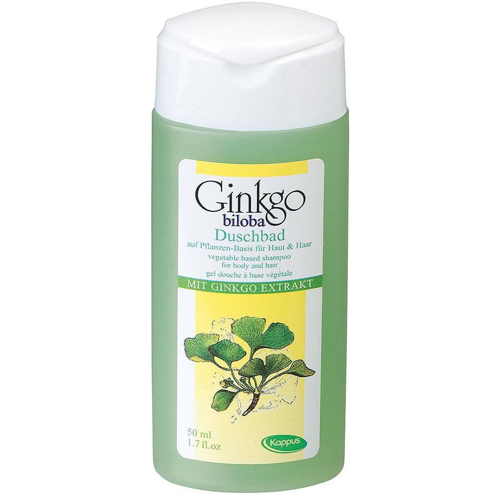 Grüne Flasche mit weißem Deckel. Etikett mit Ginkgo-Blatt-Illustration und Schriftzug 'Ginkgo biloba Duschbad'.