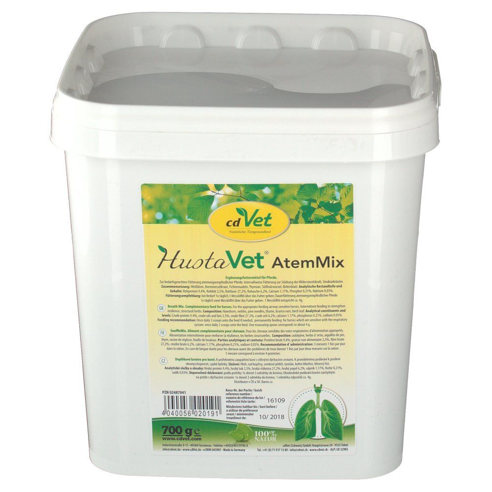 Weißer, quadratischer Eimer mit Deckel. Aufkleber mit Produktnamen cd Vet HustaVet AtemMix und Inhaltsangaben. Gewicht: 700 g.