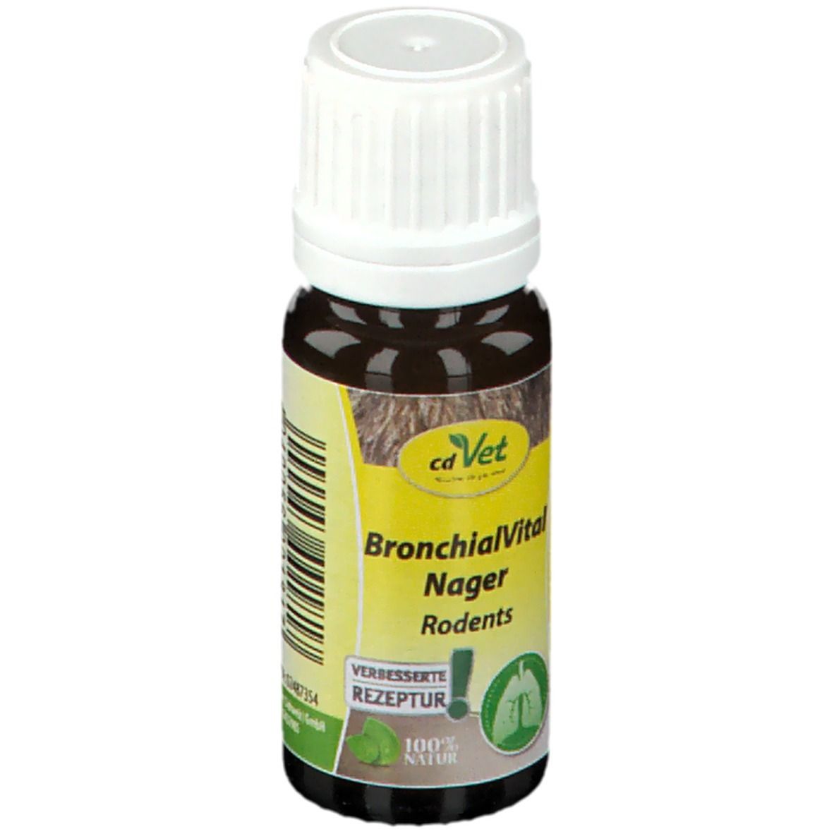 Braune Glasflasche mit weißem Deckel. Etikett mit "cdVet BronchialVital Nager Rodents". Grün-gelbes Etikett mit Logo und Text.