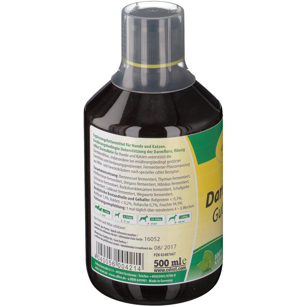 Rückseite einer Flasche mit brauner Flüssigkeit. Text in mehreren Sprachen. Transparenter Dosierverschluss. 500 ml.