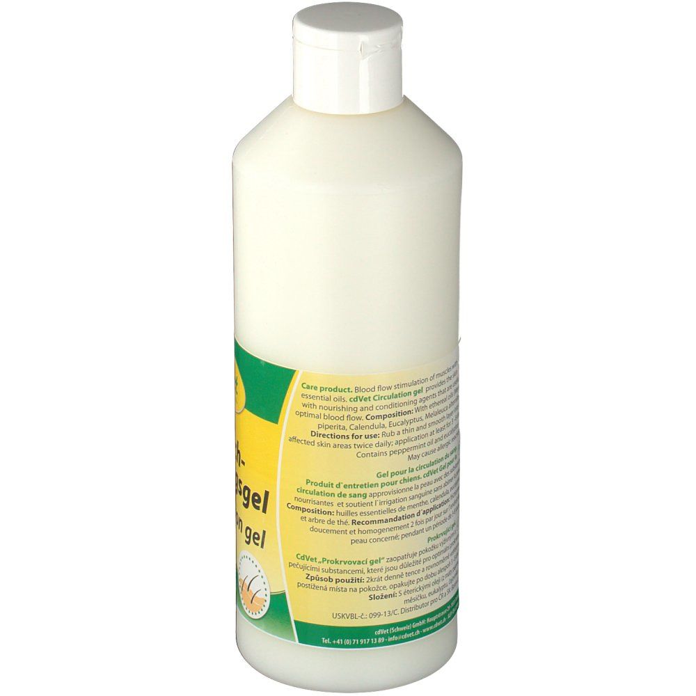 Weiße Flasche mit gelb-grünem Etikett. Text: Produkt zur Anregung der Durchblutung. Inhaltsstoffe. Logo: cdVet.