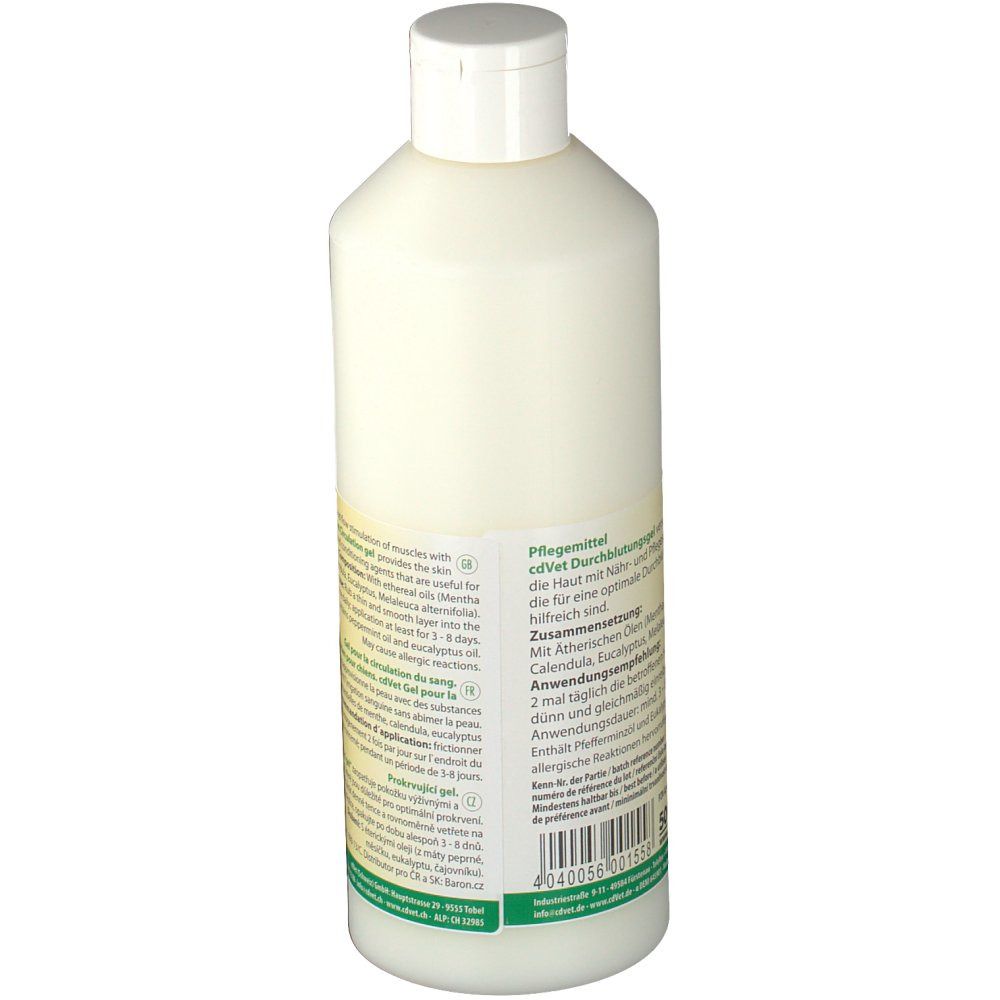 Weiße Flasche mit gelb-grünem Etikett. Text: Pflegeprodukt für die Haut. Inhaltsstoffe. Logo: cdVet. Barcode.