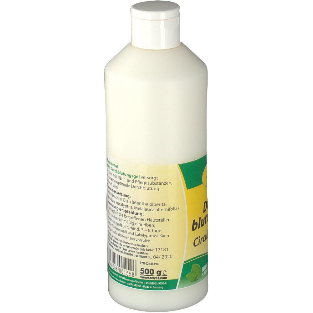Weiße Flasche mit gelb-grünem Etikett. Text: Durchblutungsgel. Inhaltsstoffe. Gewicht: 500 g. Logo: cdVet. Barcode.