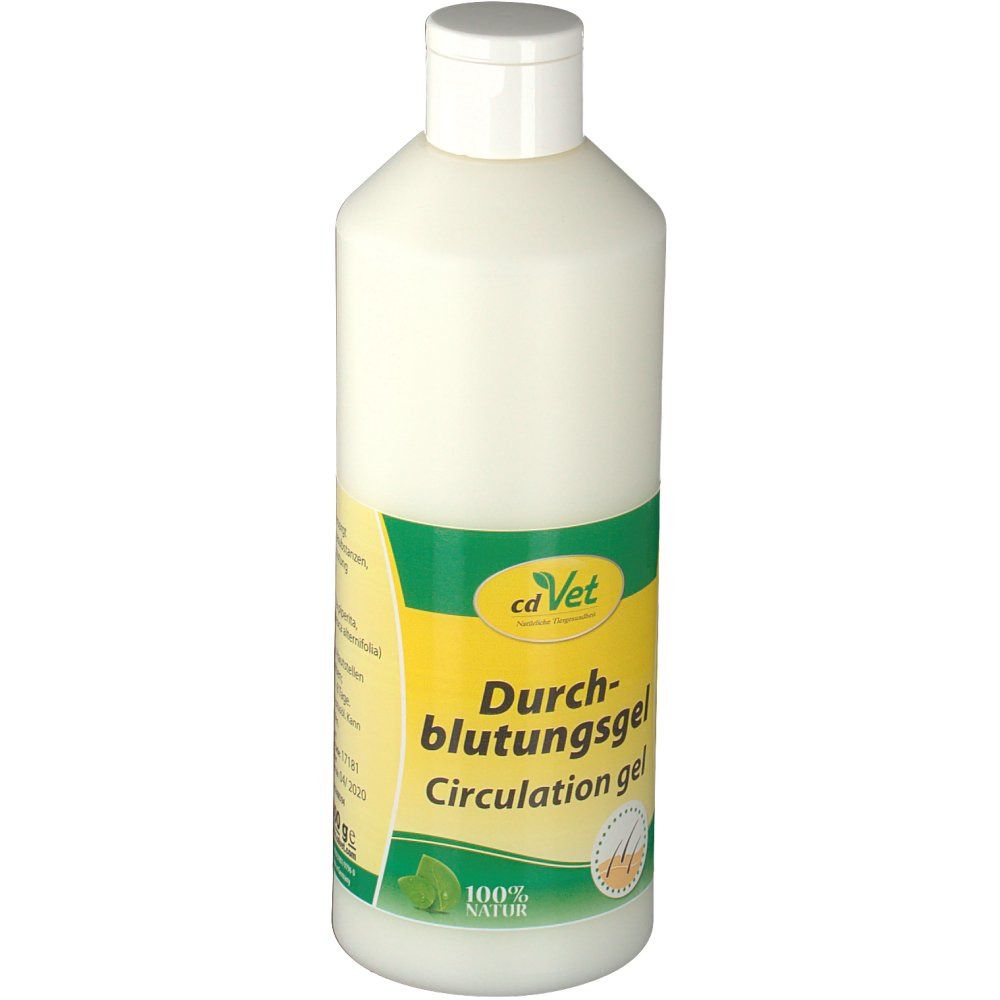 Weiße Flasche mit gelb-grünem Etikett. Beschriftung: Durchblutungsgel, Circulation gel. Logo: cdVet. 100% Natur.