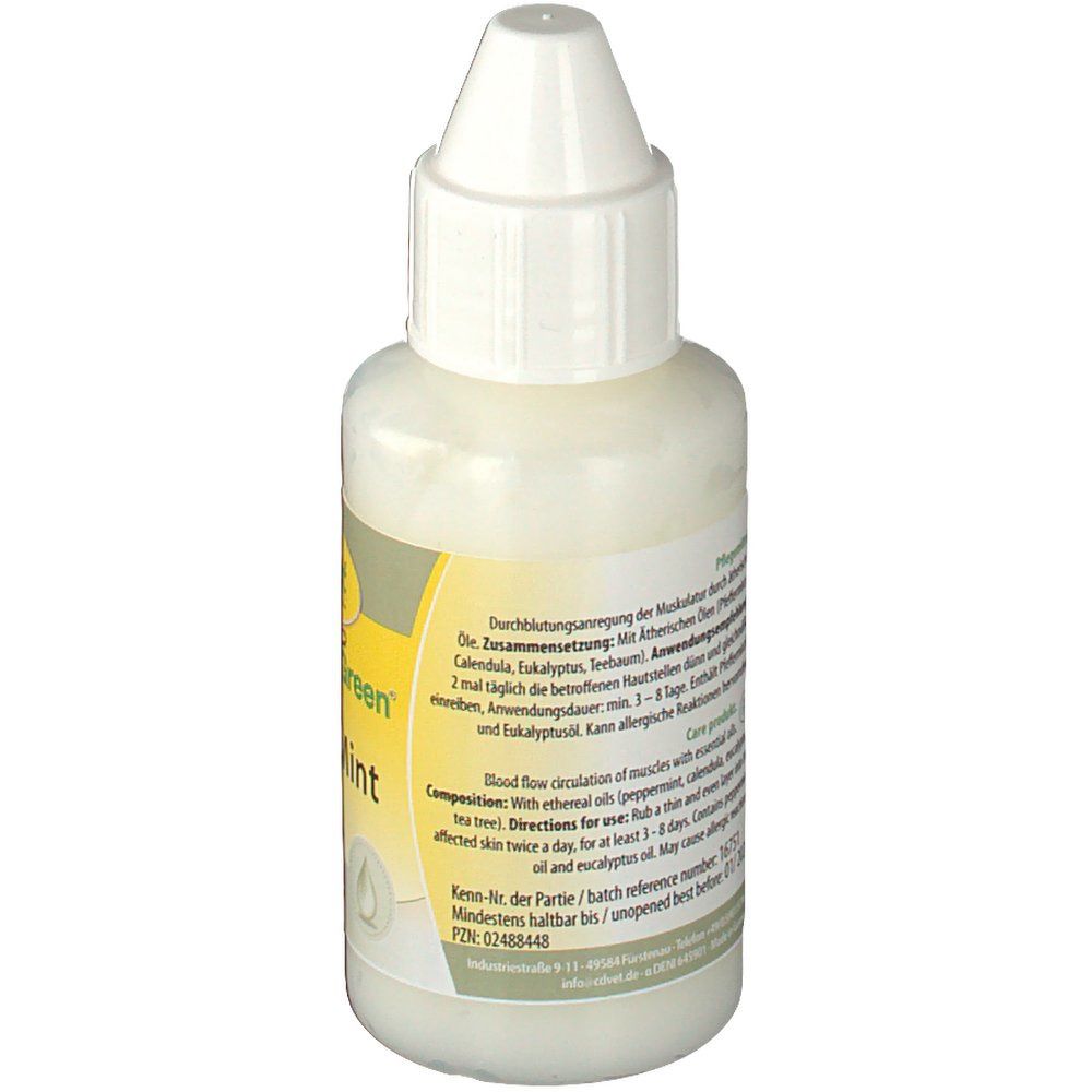 Rückseite der Flasche. Text: Zusammensetzung, Anwendung, Mindestens haltbar bis. Etikett mit Informationen.