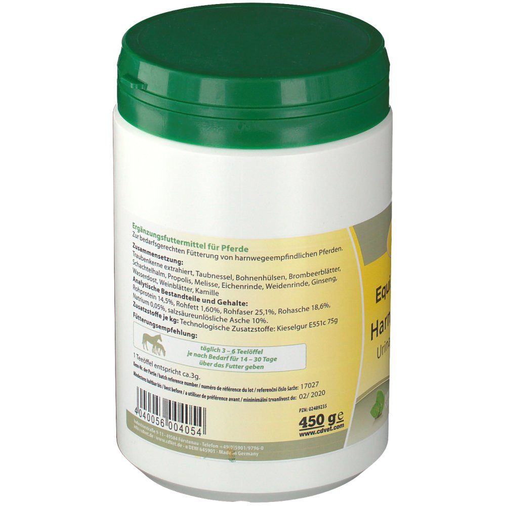 Weiße Dose mit grünem Deckel. Aufschrift: EquiGreen HarnwegeMix Urinary Tract Mix. Enthält Informationen über die Zusammensetzung und Fütterungsempfehlung.