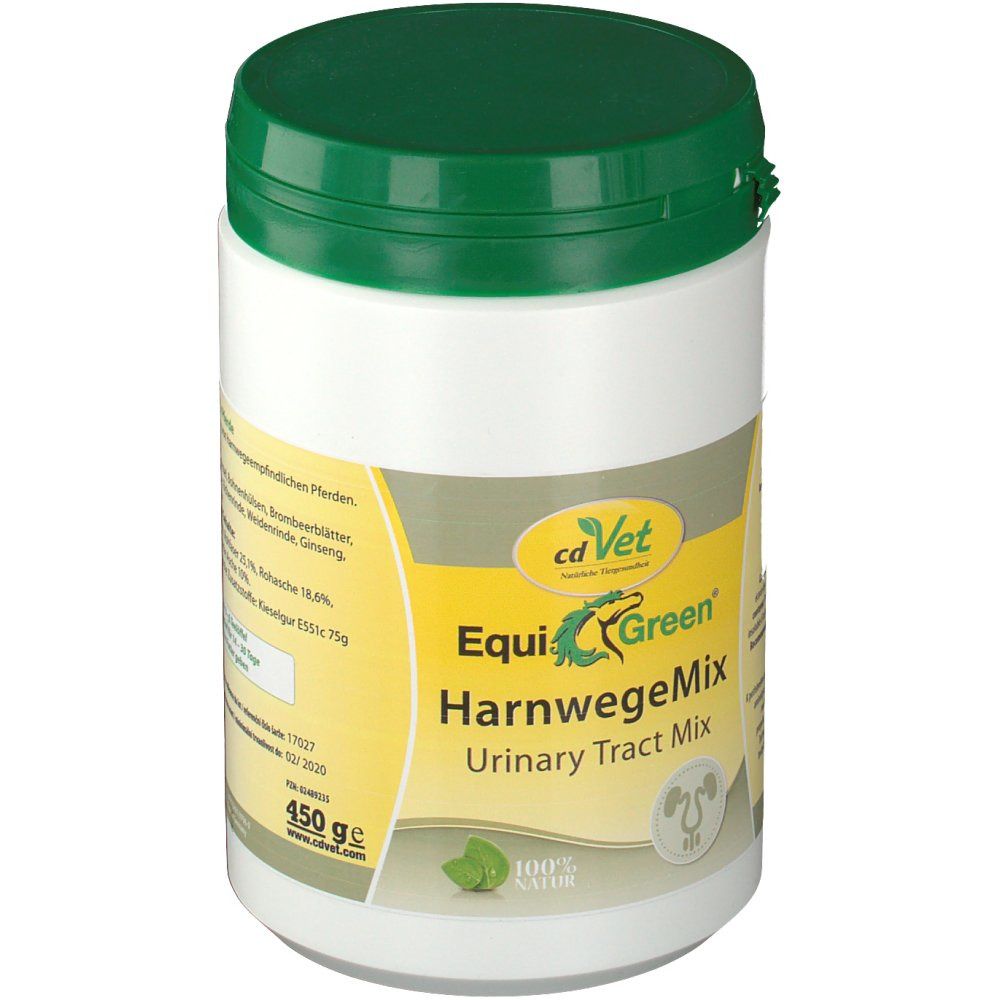 Weiße Dose mit grünem Deckel. Aufschrift: cdVet EquiGreen HarnwegeMix Urinary Tract Mix. Logo mit Hund und Kräutern. 450g.