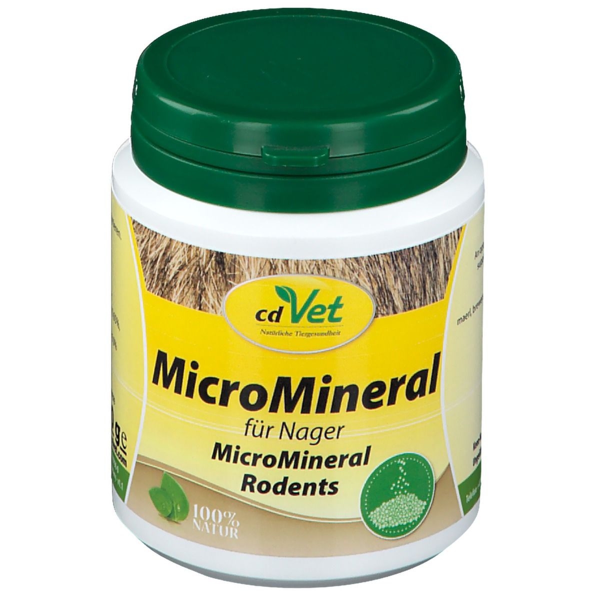 Weiße Dose mit grünem Deckel. Aufschrift: cdVet MicroMineral für Nager. 100% Natur.
