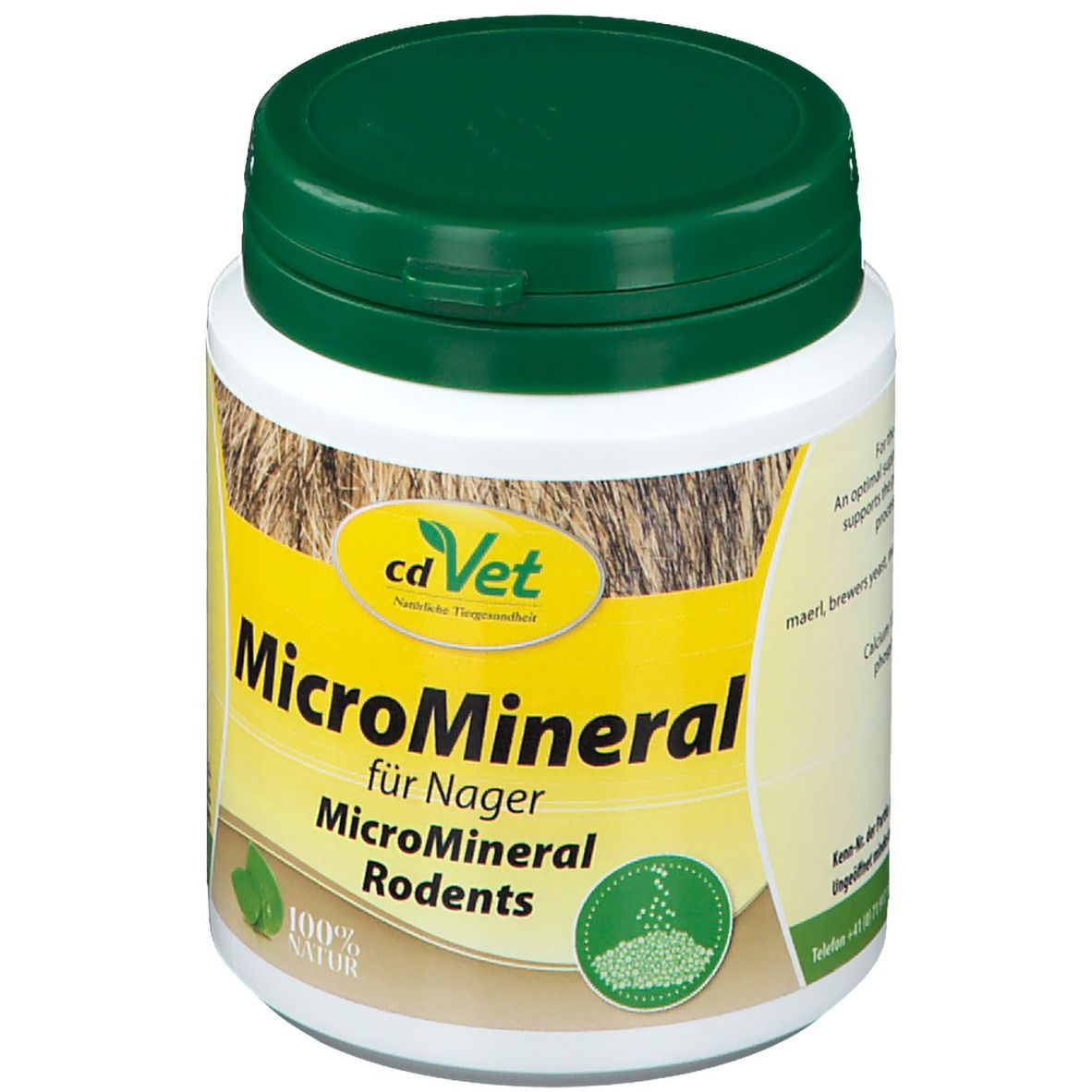 Weiße Dose mit grünem Deckel. Aufschrift: cdVet MicroMineral für Nager. 100% Natur.