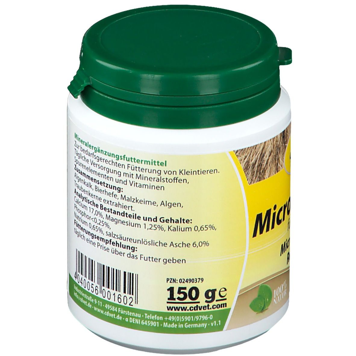 Weiße Dose mit grünem Deckel. Aufschrift: cdVet MicroMineral für Nager. 150 g. PZN: 02490379.