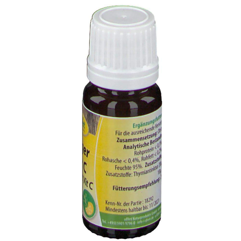 Braune Glasflasche mit weißem Schraubverschluss. Etikett mit Text über Inhaltsstoffe und Haltbarkeit. Logo cdVet.