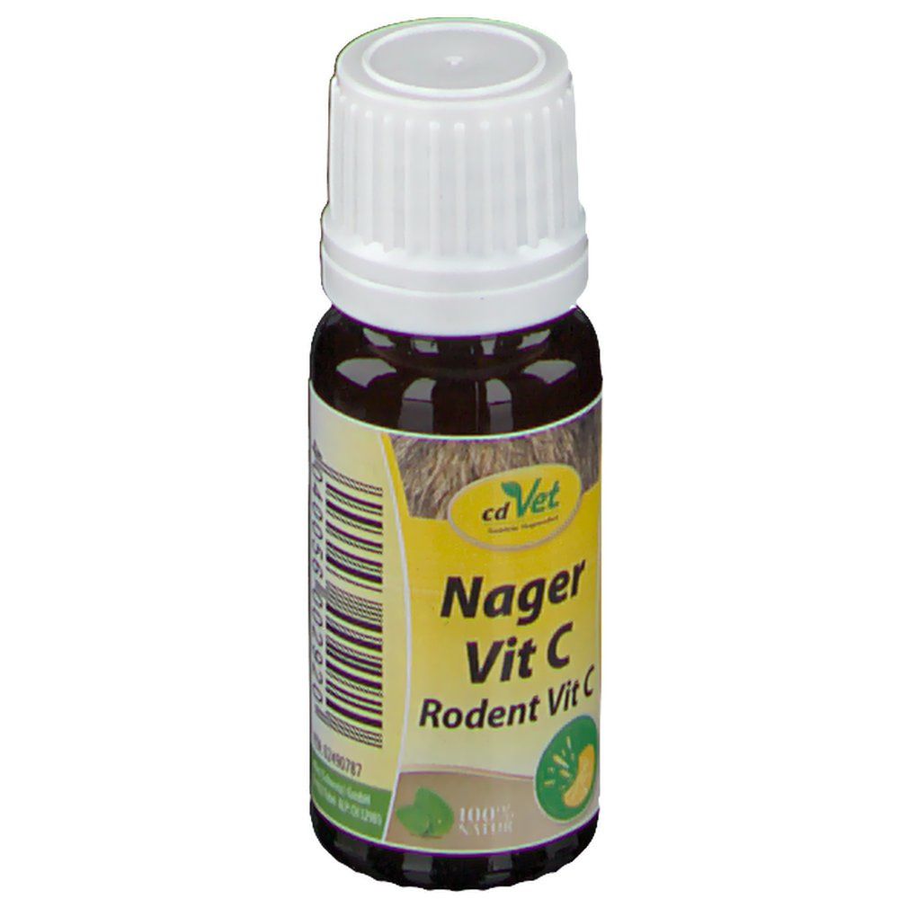Braune Glasflasche mit weißem Schraubverschluss. Etikett mit gelbem Hintergrund und Text: Nager Vit C, Rodent Vit C. Logo cdVet.