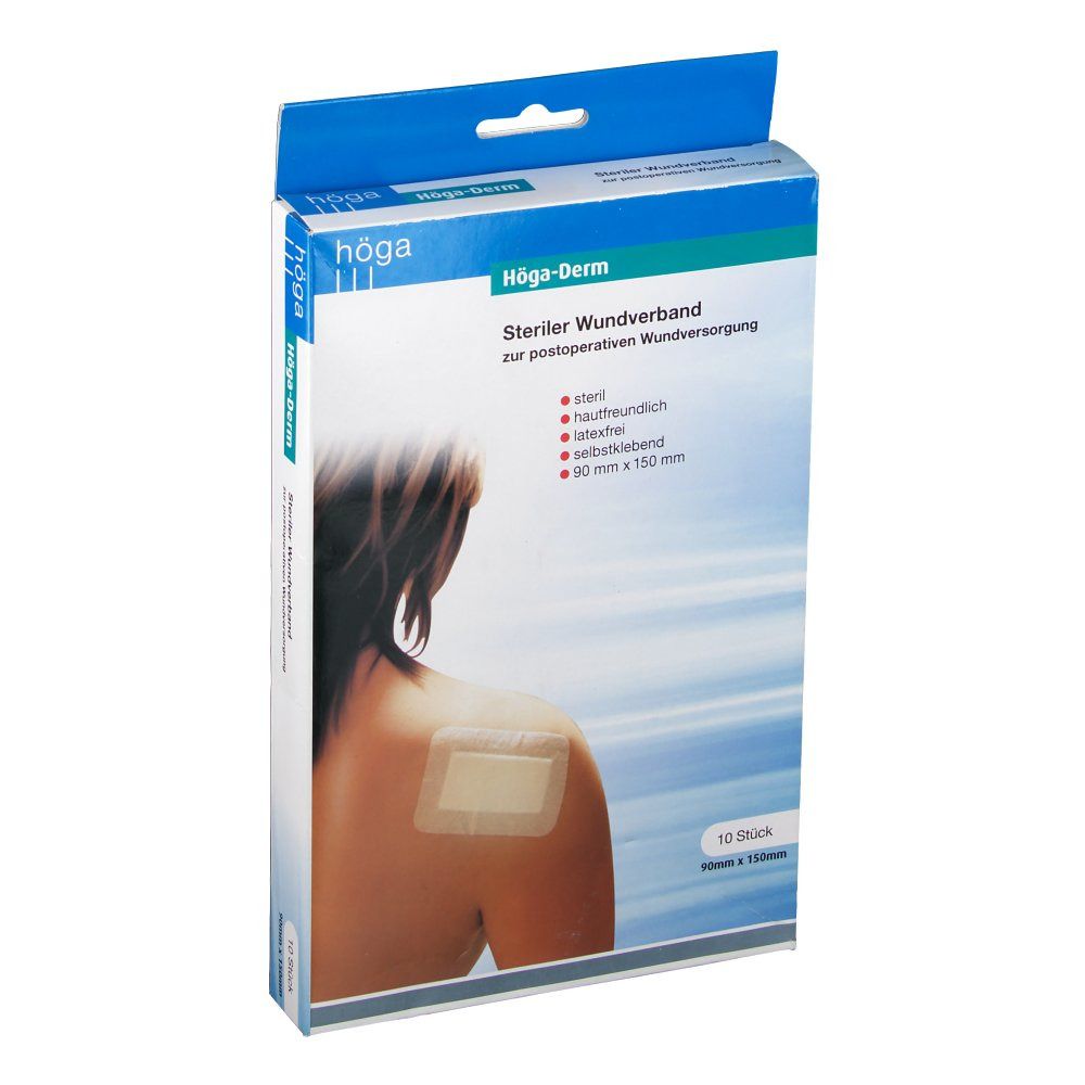 Verpackung von Höga-Derm Pflaster. Steriler Wundverband, 90 x 150 mm. 10 Stück. Aufschrift: steril, hautfreundlich, latexfrei, selbstklebend.