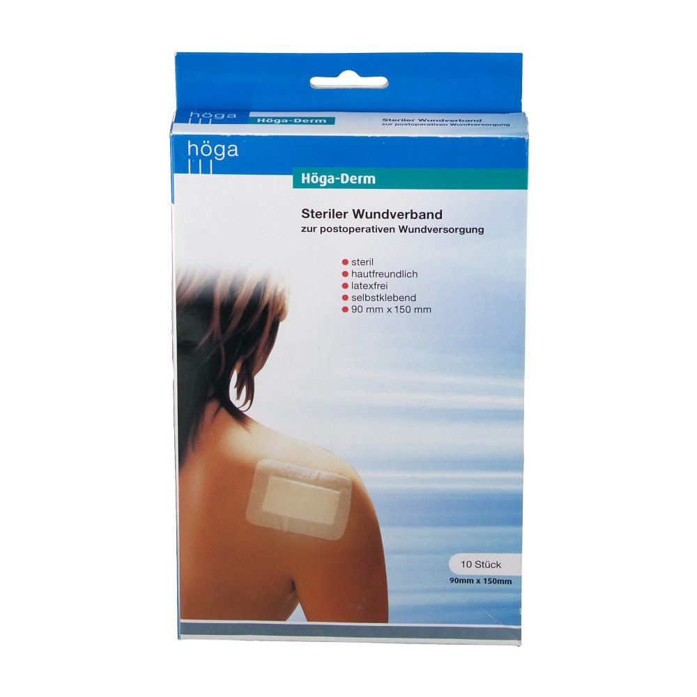 Höga-Derm Pflaster-Verpackung. Steriler Wundverband, 90 x 150 mm. 10 Stück. Aufschrift: steril, hautfreundlich, latexfrei, selbstklebend. Box.