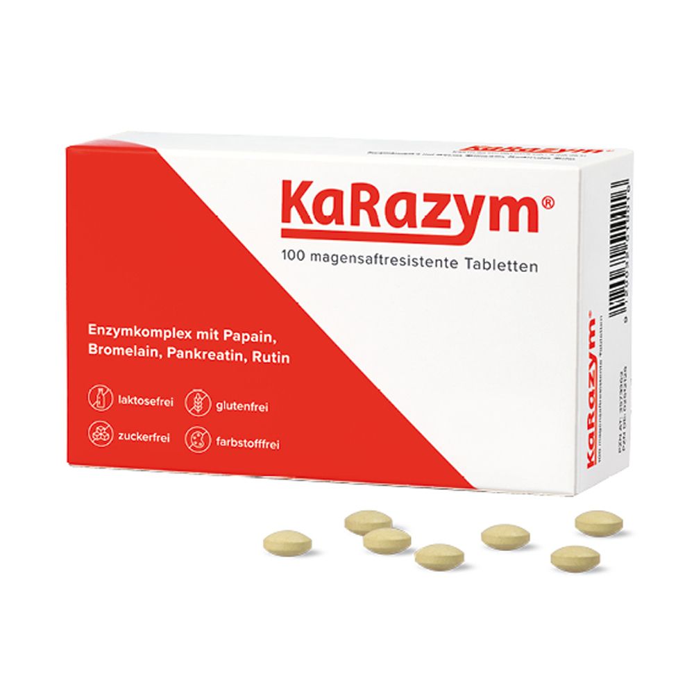 KaRazym® Enzym Komplex Packung mit Tabletten. Rote und weiße Verpackung. 100 magensaftresistente Tabletten.