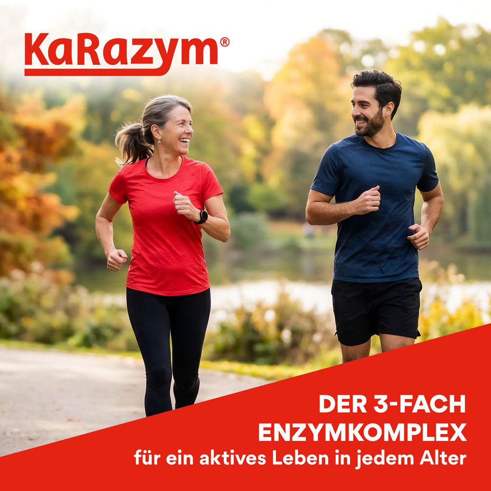 Zwei Personen joggen im Park. Rote und blaue Kleidung. Text: Der 3-fach Enzymkomplex für ein aktives Leben in jedem Alter.