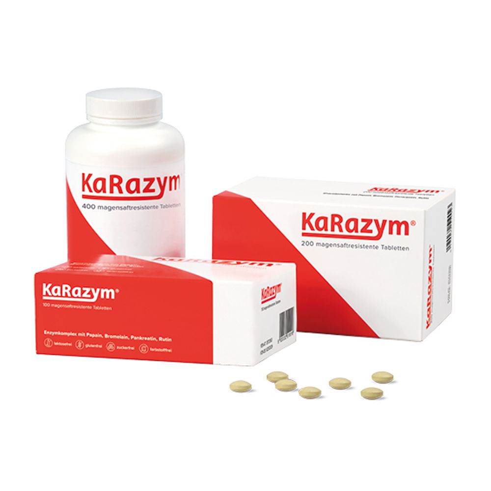 KaRazym® Flaschen und Packungen mit Tabletten. Mehrere Größen. Tabletten liegen daneben.