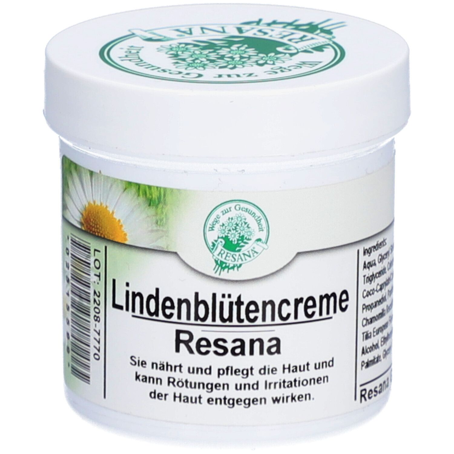 Weiße Creme-Dose mit grünem Deckel. Aufschrift: Resana Lindenblütencreme. Etikett mit Kamillenblüte.