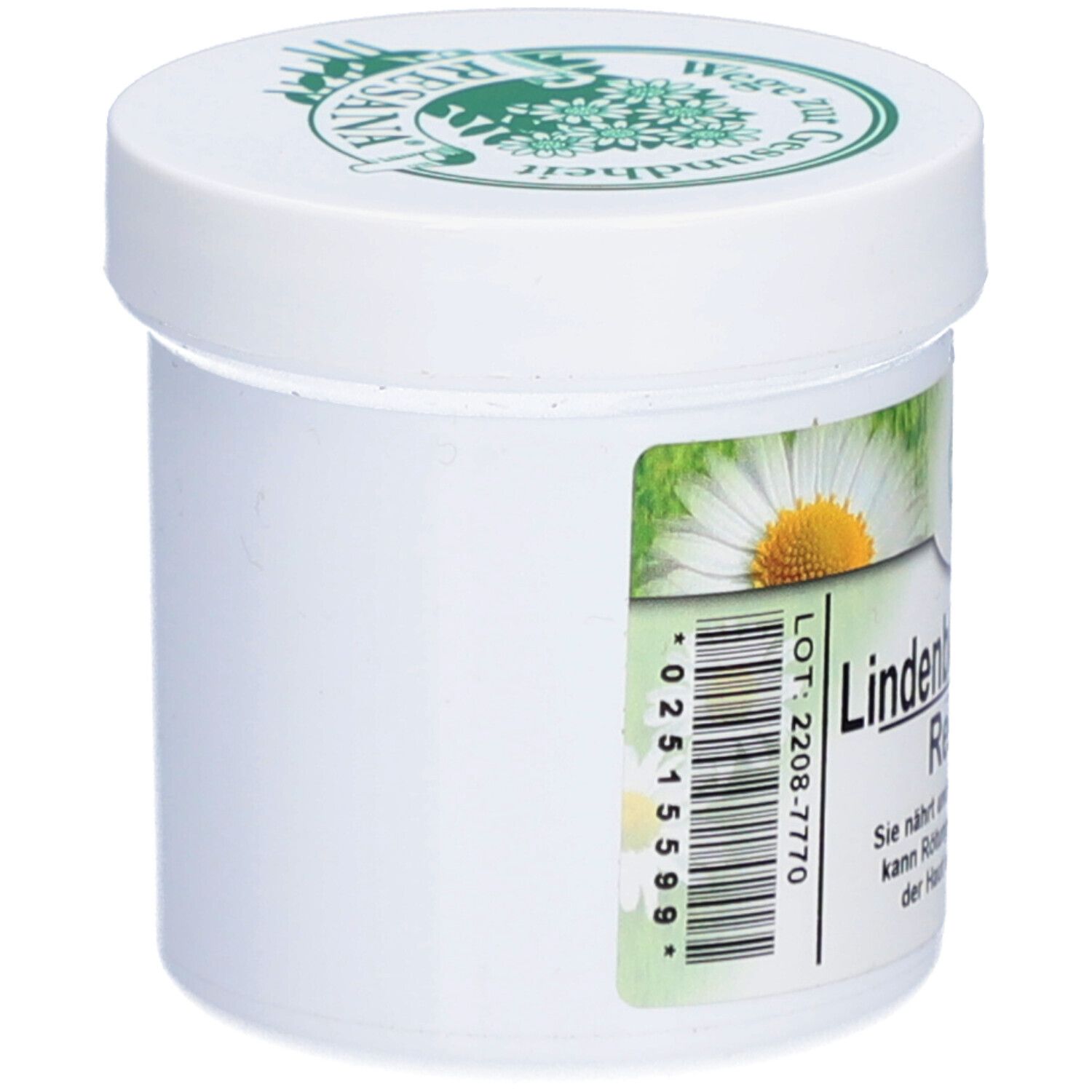 Weiße Creme-Dose mit grünem Deckel. Auf der Seite ein Etikett mit Barcode und Kamillenblüte.