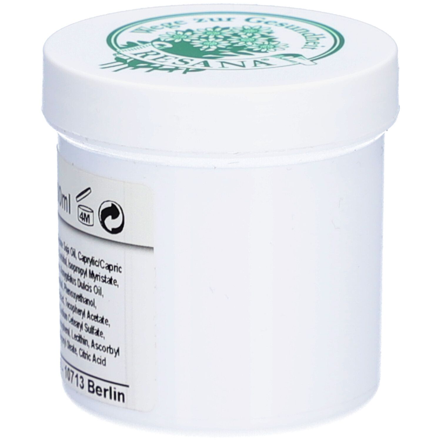 Weiße Creme-Dose mit grünem Deckel. Auf der Seite ein Etikett mit Inhaltsstoffen und 100ml.