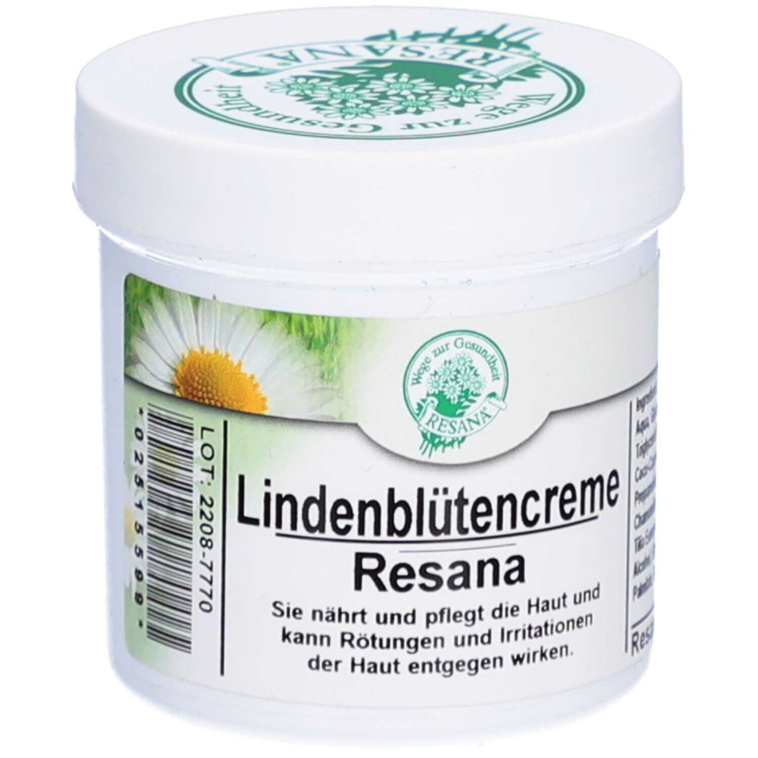 Weiße Creme-Dose mit grünem Deckel. Aufschrift: Resana Lindenblütencreme. Etikett mit Kamillenblüte.