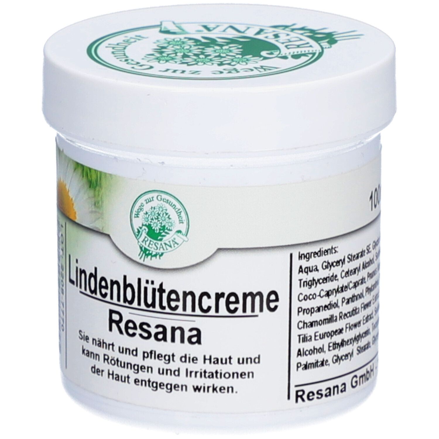 Weiße Creme-Dose mit grünem Deckel. Aufschrift: Resana Lindenblütencreme. Etikett mit Inhaltsstoffen und 100ml.